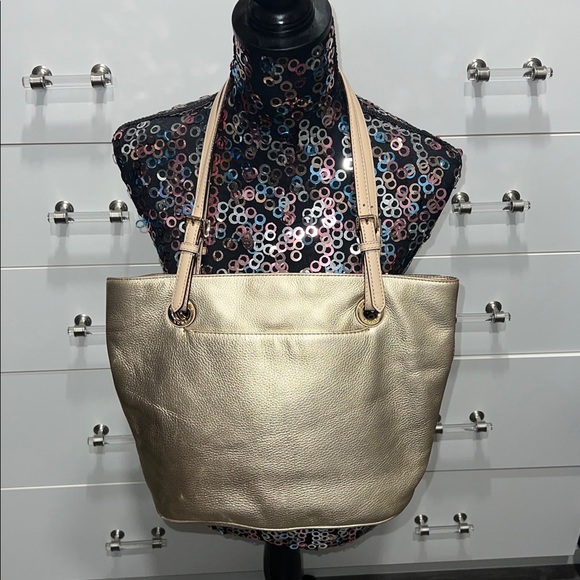 Michael Kors Gold Pebbled Leather Tote with Adjustable Cream Strap - Picture 3 of 17